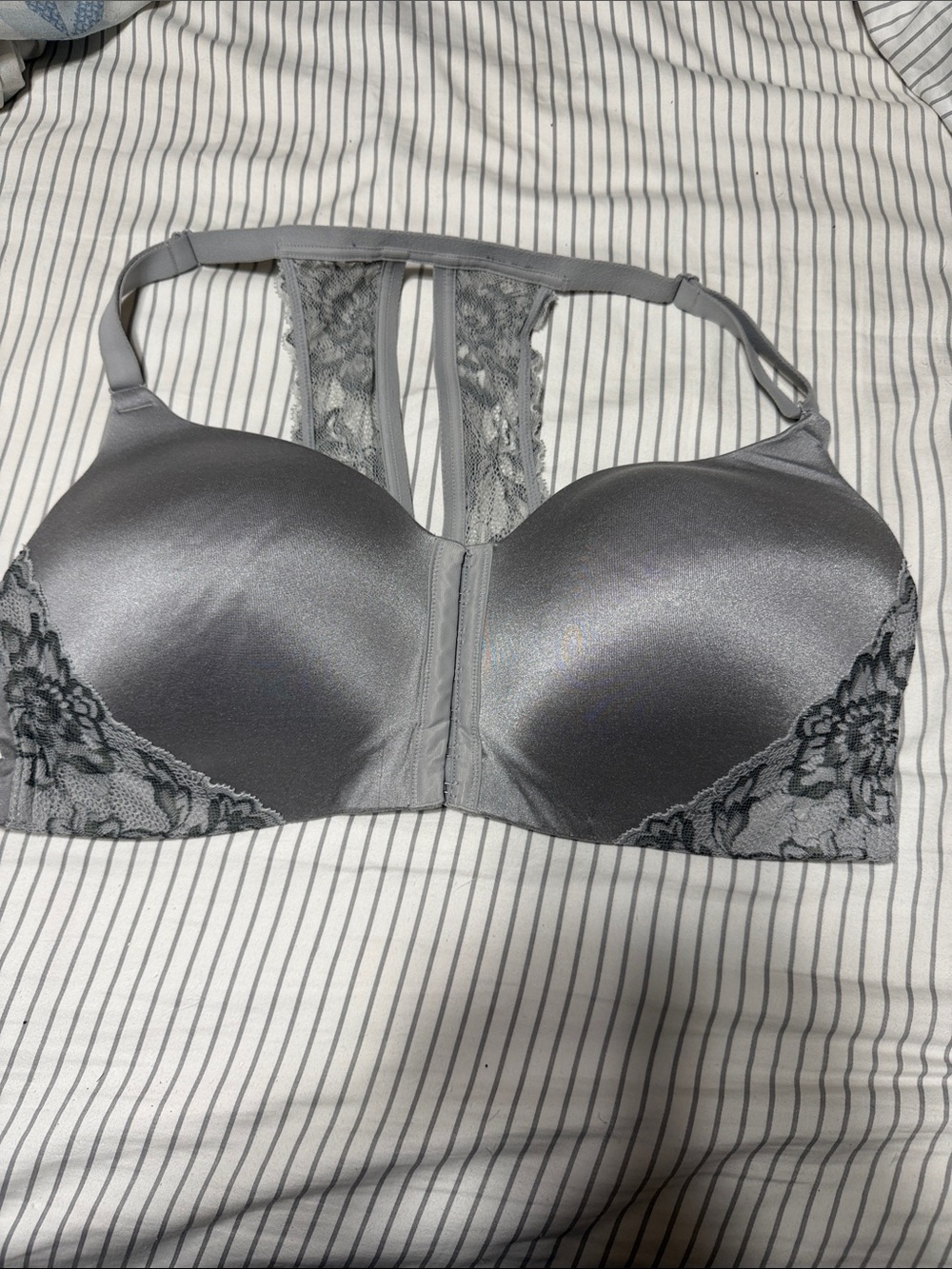 Cacique Silver Gray Lace-Trim Front-Close Racerback Bra